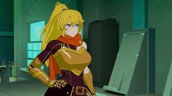 Movie still from “Justice League x RWBY: Super Heroes and Huntsmen Part Two” (2023), directed by Yssa Badiola – An animated woman with long blonde hair wearing a red scarf; Medium shot, Over the shoulder angle