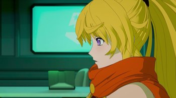 Movie still from “Justice League x RWBY: Super Heroes and Huntsmen Part Two” (2023), directed by Yssa Badiola – A woman with blonde hair wearing a red scarf looking to her left; Close Up shot, Over the shoulder angle