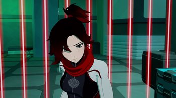 Movie still from “Justice League x RWBY: Super Heroes and Huntsmen Part Two” (2023), directed by Yssa Badiola – An animated woman with a red scarf standing in a room; Close Up shot, Over the shoulder angle