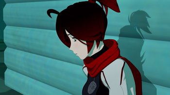 Movie still from “Justice League x RWBY: Super Heroes and Huntsmen Part Two” (2023), directed by Yssa Badiola – A woman with a red scarf is looking to the side; Close Up shot, High angle