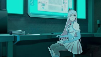 Movie still from “Justice League x RWBY: Super Heroes and Huntsmen Part Two” (2023), directed by Yssa Badiola – A woman sitting in front of a computer screen; Medium shot, High angle