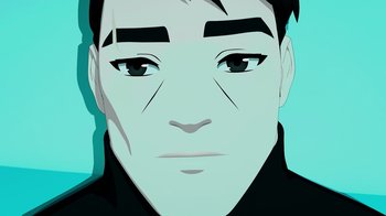 Movie still from “Justice League x RWBY: Super Heroes and Huntsmen Part Two” (2023), directed by Yssa Badiola – A man's face is depicted in a stylized painting; Close Up shot, Low angle