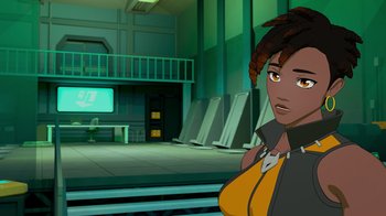 Movie still from “Justice League x RWBY: Super Heroes and Huntsmen Part Two” (2023), directed by Yssa Badiola – An animated woman is standing in front of a television; Close Up shot, Over the shoulder angle
