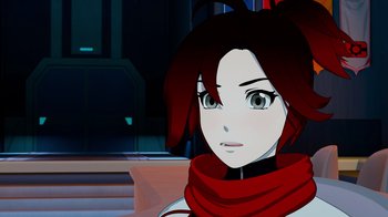 Movie still from “Justice League x RWBY: Super Heroes and Huntsmen Part Two” (2023), directed by Yssa Badiola – A person wearing a red scarf; Close Up shot, Over the shoulder angle