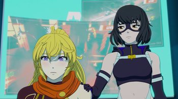 Movie still from “Justice League x RWBY: Super Heroes and Huntsmen Part Two” (2023), directed by Yssa Badiola – Two anime girls standing next to each other; Medium shot, Low angle