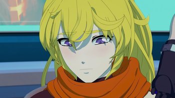 Movie still from “Justice League x RWBY: Super Heroes and Huntsmen Part Two” (2023), directed by Yssa Badiola – A person wearing a red scarf; Close Up shot, Over the shoulder angle