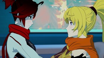 Movie still from “Justice League x RWBY: Super Heroes and Huntsmen Part Two” (2023), directed by Yssa Badiola – Two anime girls are looking at one another; Close Up shot, Over the shoulder angle