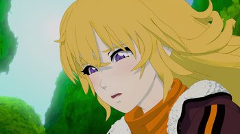 Movie still from “Justice League x RWBY: Super Heroes and Huntsmen Part Two” (2023), directed by Yssa Badiola – A person with blonde hair; Close Up shot, Low angle