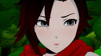 Movie still from “Justice League x RWBY: Super Heroes and Huntsmen Part Two” (2023), directed by Yssa Badiola – An animated picture of a woman with a red scarf; Close Up shot, High angle