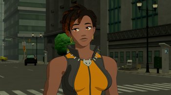 Movie still from “Justice League x RWBY: Super Heroes and Huntsmen Part Two” (2023), directed by Yssa Badiola – An animated woman in a yellow and black outfit; Close Up shot, Over the shoulder angle