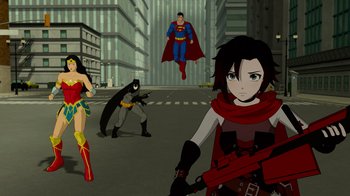 Movie still from “Justice League x RWBY: Super Heroes and Huntsmen Part Two” (2023), directed by Yssa Badiola – A group of people standing on a street with buildings in the background; Wide shot, Over the shoulder angle