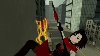 Movie still from “Justice League x RWBY: Super Heroes and Huntsmen Part Two” (2023), directed by Yssa Badiola – An animated woman holding a fire sword in a city; Wide shot, Overhead angle