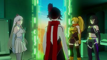 Movie still from “Justice League x RWBY: Super Heroes and Huntsmen Part Two” (2023), directed by Yssa Badiola – A group of people standing in front of a building; Wide shot, Low angle