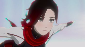 Movie still from “Justice League x RWBY: Super Heroes and Huntsmen Part Two” (2023), directed by Yssa Badiola – A person wearing a red scarf; Close Up shot, Low angle