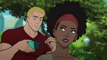 Movie still from “Justice Society: World War II” (2021), directed by Jeff Wamester – A man and a woman are standing in front of a tree; Close Up shot, Over the shoulder angle