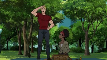 Movie still from “Justice Society: World War II” (2021), directed by Jeff Wamester – An animated man and a woman in a park; Wide shot, Low angle
