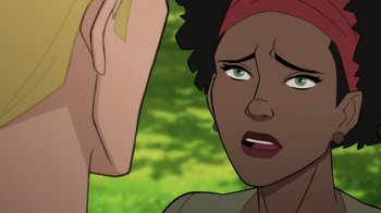 Movie still from “Justice Society: World War II” (2021), directed by Jeff Wamester – An animated woman with a red bandana on her head; Close Up shot, Over the shoulder angle