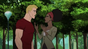 Movie still from “Justice Society: World War II” (2021), directed by Jeff Wamester – A man and a woman talking in front of a forest; Medium shot, Over the shoulder angle