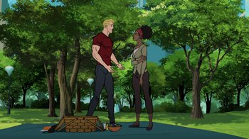 Movie still from “Justice Society: World War II” (2021), directed by Jeff Wamester – A man and a woman holding hands in the woods; Wide shot, Low angle
