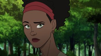 Movie still from “Justice Society: World War II” (2021), directed by Jeff Wamester – An animated picture of a woman with a red head band; Close Up shot, Over the shoulder angle