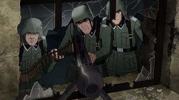 Movie still from “Justice Society: World War II” (2021), directed by Jeff Wamester – A group of men standing next to each other in a room; Medium shot, High angle