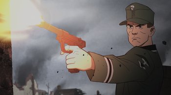 Movie still from “Justice Society: World War II” (2021), directed by Jeff Wamester – An animation of a man in uniform holding a gun; Medium shot, Low angle