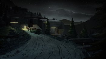 Movie still from “Justice Society: World War II” (2021), directed by Jeff Wamester – A night scene of a road with trees and a building; Extreme Wide shot, High angle