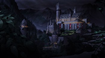 Movie still from “Justice Society: World War II” (2021), directed by Jeff Wamester – A painting of a castle in the middle of the night; Extreme Wide shot, High angle