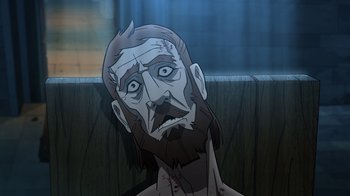 Movie still from “Justice Society: World War II” (2021), directed by Jeff Wamester – A cartoon of a man with a beard looking at the camera; Close Up shot, High angle