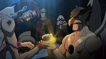 Movie still from “Justice Society: World War II” (2021), directed by Jeff Wamester – A group of people that are standing up holding hands; Medium shot, Overhead angle