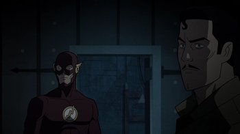 Movie still from “Justice Society: World War II” (2021), directed by Jeff Wamester – A man and a man standing next to each other in a room; Close Up shot, Over the shoulder angle