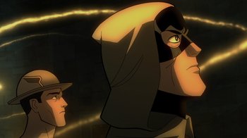 Movie still from “Justice Society: World War II” (2021), directed by Jeff Wamester – A man and a woman are looking at each other; Close Up shot, Low angle