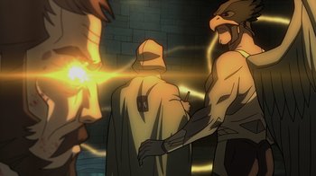 Movie still from “Justice Society: World War II” (2021), directed by Jeff Wamester – A group of men standing next to each other; Medium shot, Over the shoulder angle