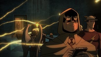 Movie still from “Justice Society: World War II” (2021), directed by Jeff Wamester – An animated picture of a man in a hooded cloak; Medium shot, Low angle