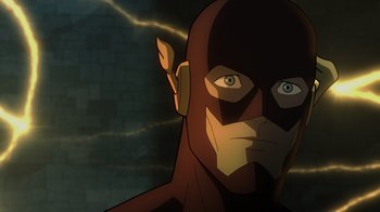 Movie still from “Justice Society: World War II” (2021), directed by Jeff Wamester – The face of the flash; Close Up shot, Low angle