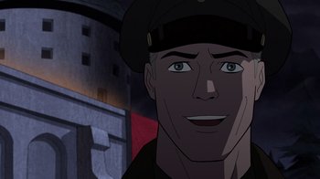 Movie still from “Justice Society: World War II” (2021), directed by Jeff Wamester – A man's face in a cartoon style; Close Up shot, Over the shoulder angle