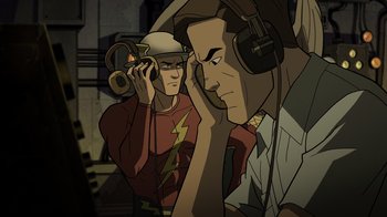 Movie still from “Justice Society: World War II” (2021), directed by Jeff Wamester – A man with a camera and a man with headphones; Medium shot, High angle