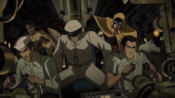 Movie still from “Justice Society: World War II” (2021), directed by Jeff Wamester – A group of men standing next to each other in a room; Wide shot, High angle