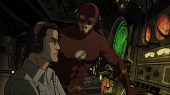 Movie still from “Justice Society: World War II” (2021), directed by Jeff Wamester – A man and a man standing next to each other in a room; Medium shot, Over the shoulder angle