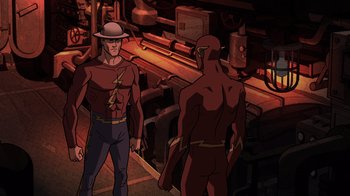 Movie still from “Justice Society: World War II” (2021), directed by Jeff Wamester – A man in a red shirt and a man in a brown shirt; Medium shot, Over the shoulder angle