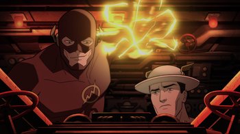 Movie still from “Justice Society: World War II” (2021), directed by Jeff Wamester – A man and a man in a hat are in front of an electric sign; Medium shot, Over the shoulder angle