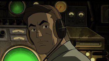Movie still from “Justice Society: World War II” (2021), directed by Jeff Wamester – An animated picture of a man wearing headphones; Close Up shot, High angle