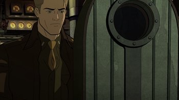 Movie still from “Justice Society: World War II” (2021), directed by Jeff Wamester – A man in a suit and tie standing in front of a door; Close Up shot, High angle