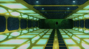 Movie still from “Justice Society: World War II” (2021), directed by Jeff Wamester – An image of an empty room with lights on the ceiling; Extreme Wide shot, Overhead angle