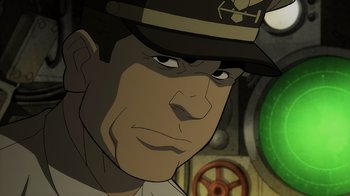 Movie still from “Justice Society: World War II” (2021), directed by Jeff Wamester – An animated picture of a man with a hat on; Close Up shot, High angle