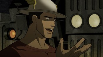 Movie still from “Justice Society: World War II” (2021), directed by Jeff Wamester – A man in a white hat is looking at the camera; Close Up shot, High angle