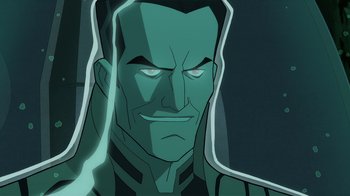 Movie still from “Justice Society: World War II” (2021), directed by Jeff Wamester – An animated picture of a man with a green face; Close Up shot, Over the shoulder angle
