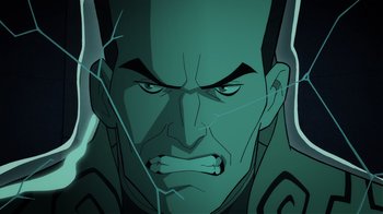 Movie still from “Justice Society: World War II” (2021), directed by Jeff Wamester – An illustration of an angry looking man with his mouth wide open; Extreme Close Up shot, Overhead angle