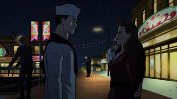 Movie still from “Justice Society: World War II” (2021), directed by Jeff Wamester – A man and a woman standing next to each other on a dock; Medium shot, Over the shoulder angle