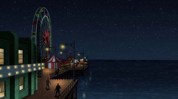 Movie still from “Justice Society: World War II” (2021), directed by Jeff Wamester – Two people walking along a pier at night; Extreme Wide shot, High angle